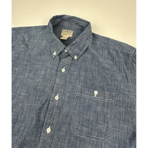 LL Bean Shirt Men's Large Blue Denim Button Down‎ Short Sleeve Traditional Fit